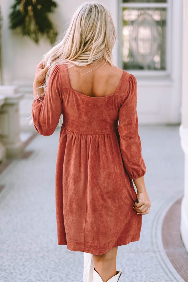 Black Suede Square Neck Puff Sleeve Dress - Image 11