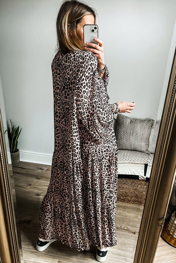 Apricot Leopard Print Tiered Wide Sleeve Maxi Dress - Image 2
