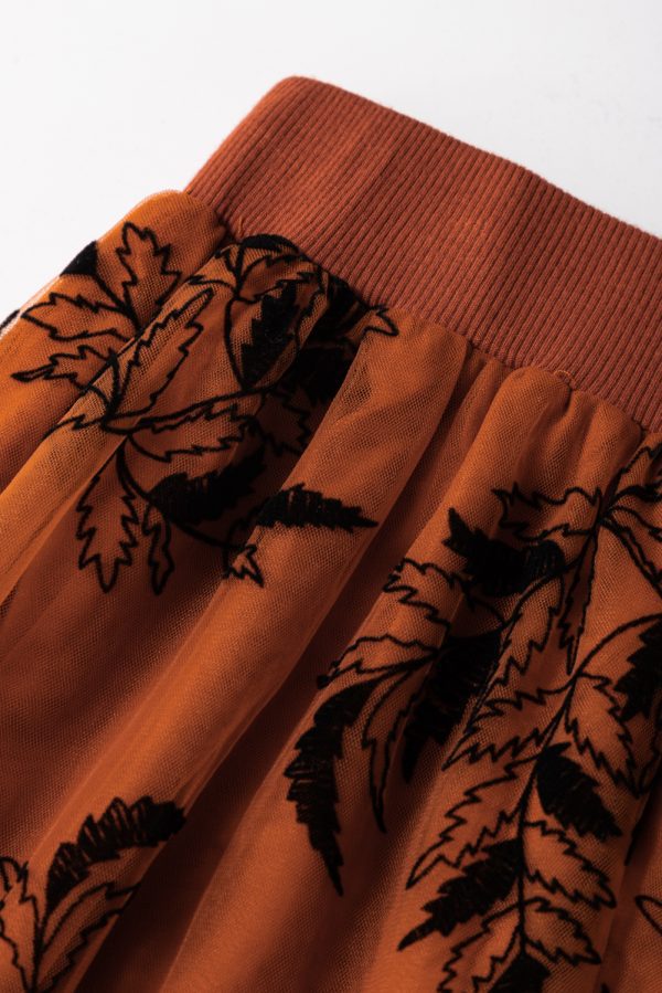 Peach Blossom Floral Leaves Embroidered High Waist Maxi Skirt - Image 18