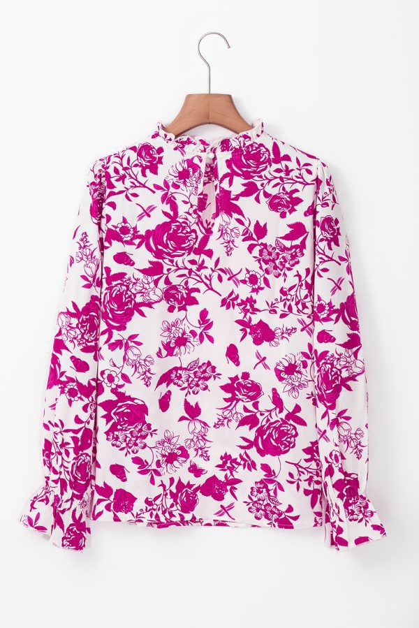 Sky Blue Floral Print Flounce Sleeve Keyhole Back Blouse - Image 12