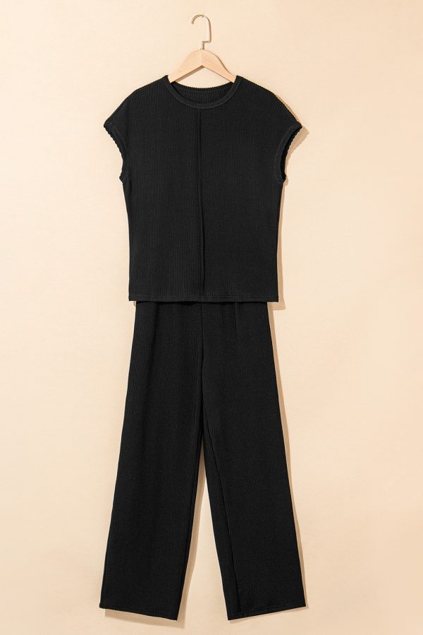 Navy Blue Solid Color Corded Short Sleeve Top and Casual Pants Set - Image 10