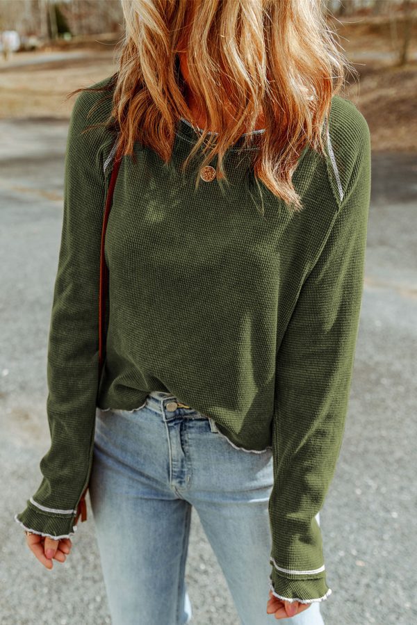 Black Textured Round Neck Long Sleeve Top - Image 35
