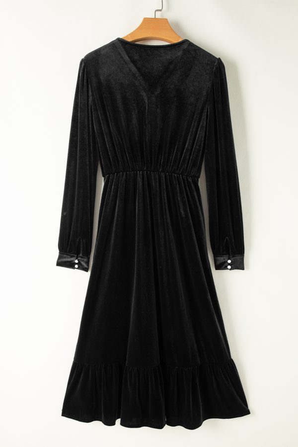 Black Velvet Buttoned Puff Sleeve V Neck Split Midi Dress - Image 6