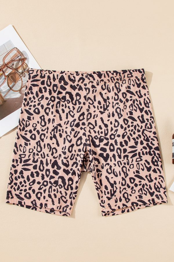 Khaki Leopard Print Ribbed Textured Knit Biker Shorts - Image 3