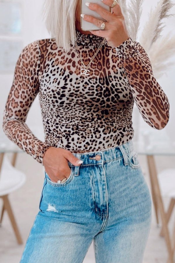 Brown Leopard Smocked Neck Mesh Long Sleeve Bodysuit - Image 2