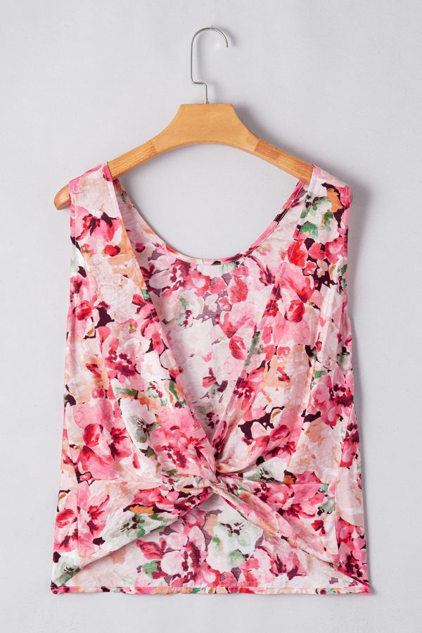 Pink Floral Round Neck Twisted Cut Out Back Tank Top - Image 9