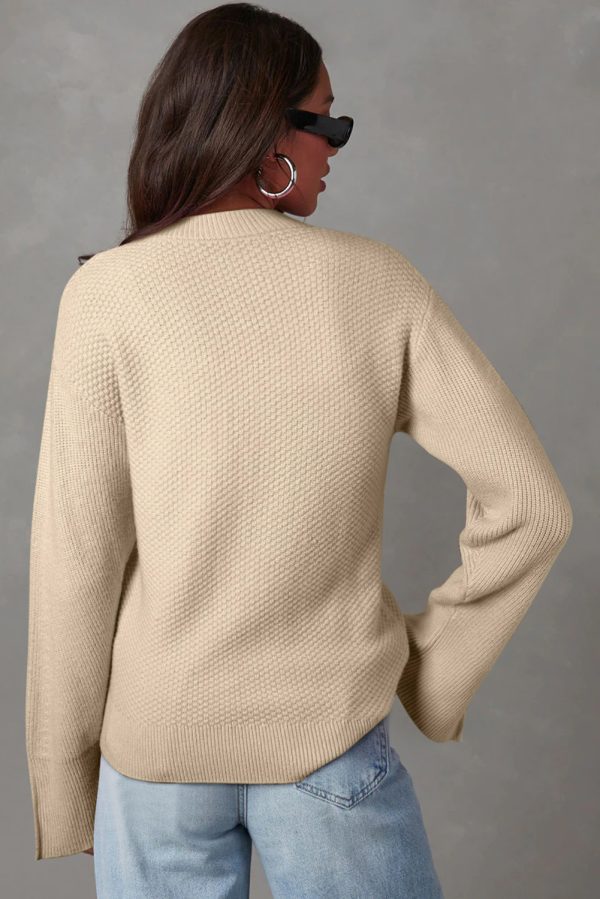 Parchment Solid Textured Knit Split Cuff Drop Shoulder Loose Sweater - Image 2