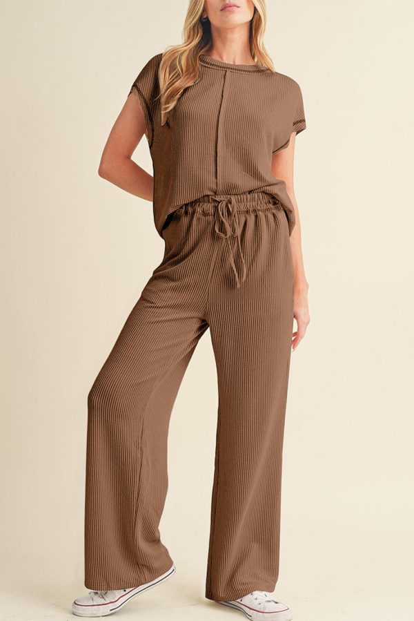 Navy Blue Solid Color Corded Short Sleeve Top and Casual Pants Set - Image 4