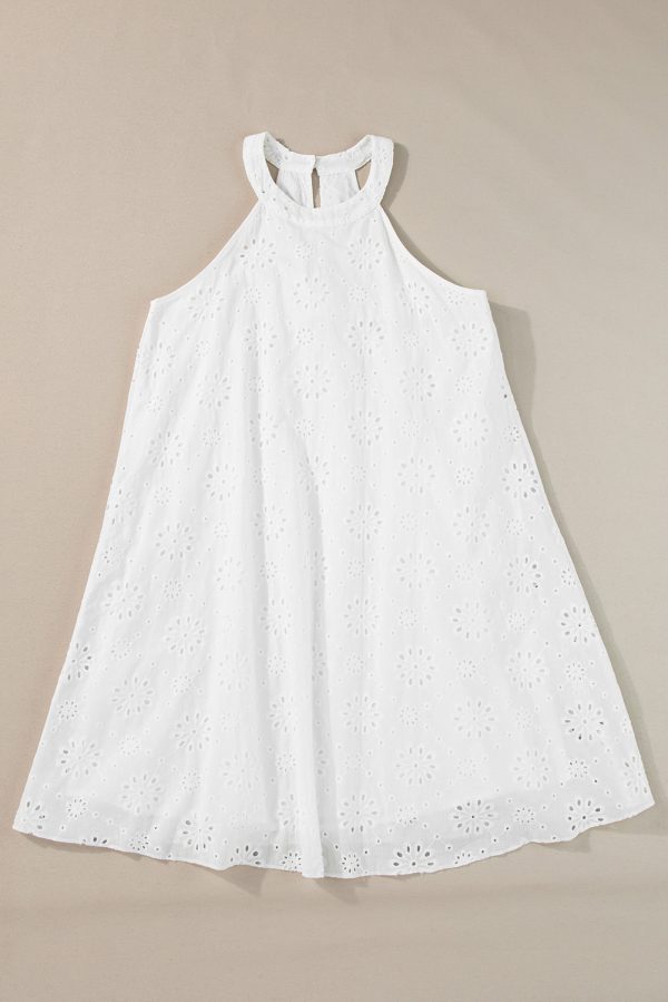 White Boho Eyelet Pattern Halter Neck Sleeveless Dress - Image 6