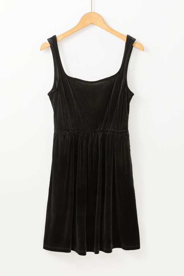 Black Velvet Square Neck Sleeveless High Waist Mini Dress with Pockets - Image 5