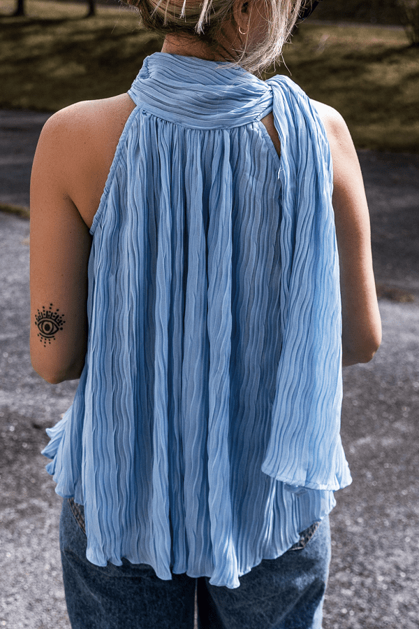 Myosotis Textured Pleated Tied Mock Neck Flowy Tank Top - Image 2