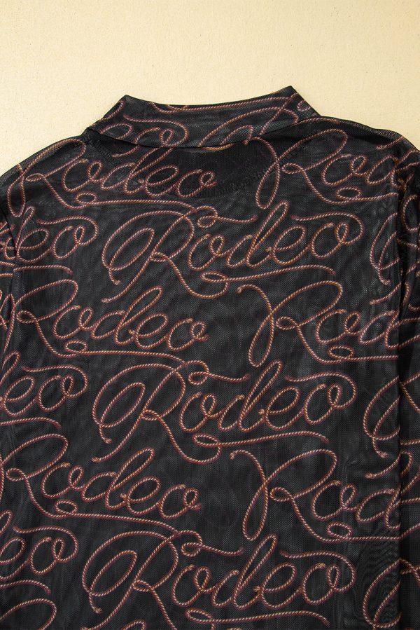 Black Western Rodeo Printed Mock Neck Long Sleeve Mesh Top - Image 5