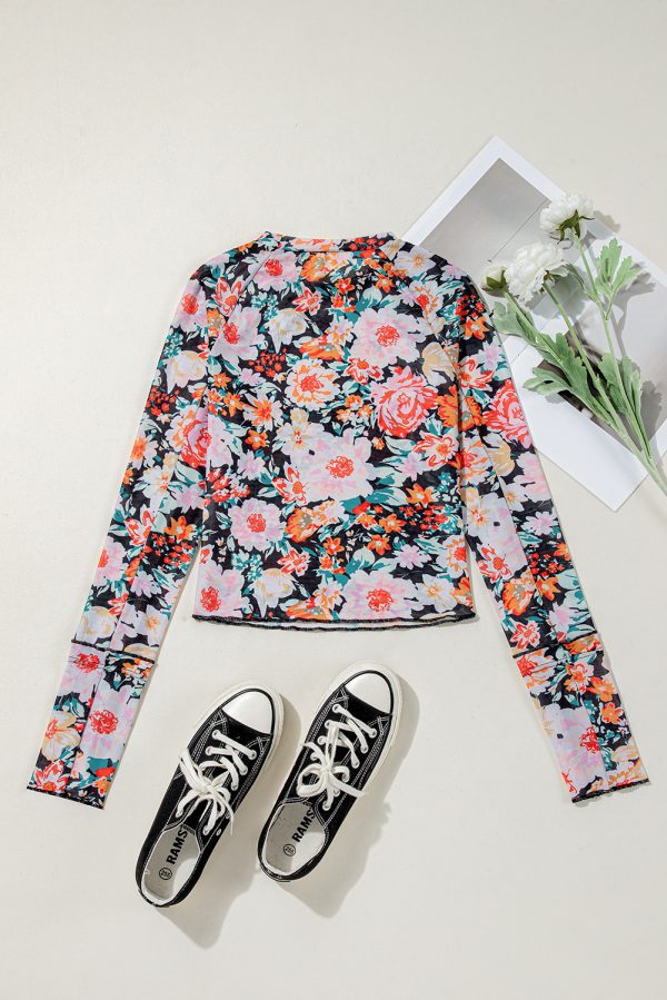 Orange Floral Mesh Slim Long Sleeve Crop Top - Image 9