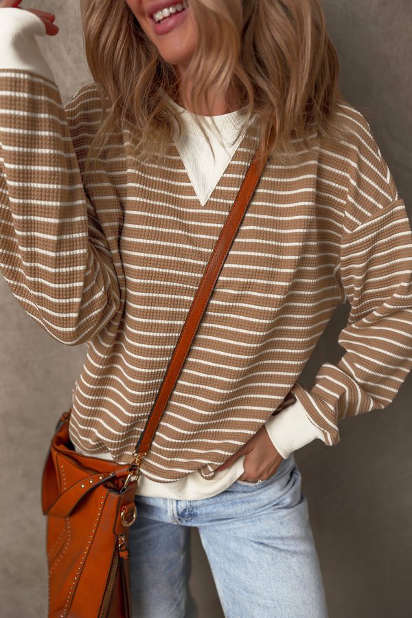 Khaki Stripe Patched Edge Textured Round Neck Long Sleeve Top - Image 3