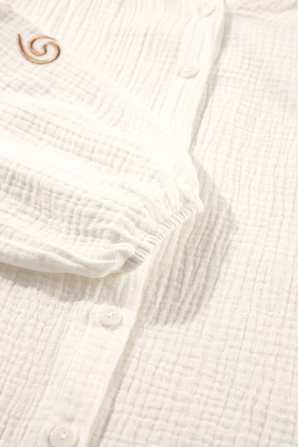 White Embroidered Textured Buttoned Crew Neck Shirt - Image 8