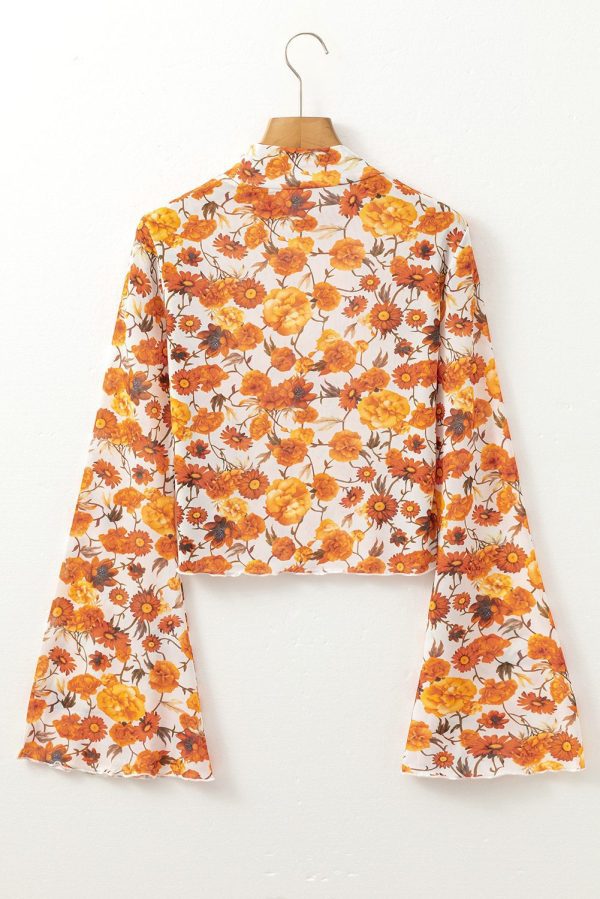 Orange Floral Printed Bell Sleeve Mock Neck Scallop Trim Blouse - Image 7