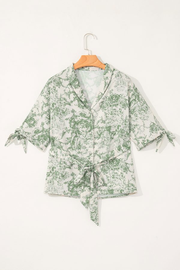 Green Landscape Print Tied 3/4 Sleeve Shirt with Sash - Image 4