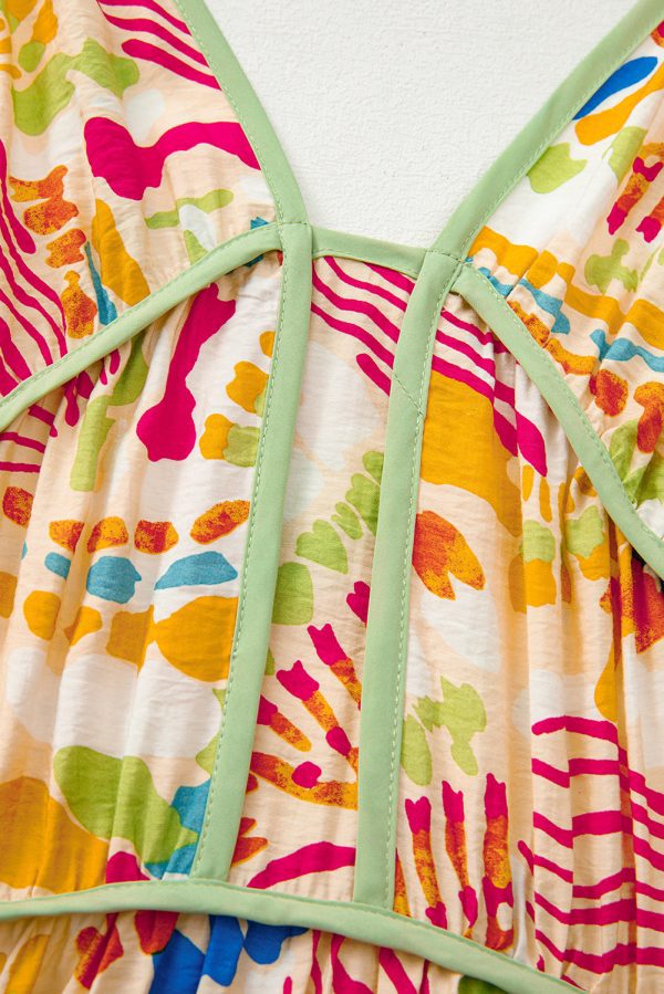 Orange Abstract Print Spaghetti Strap Piping Detail Maxi Dres - Image 9
