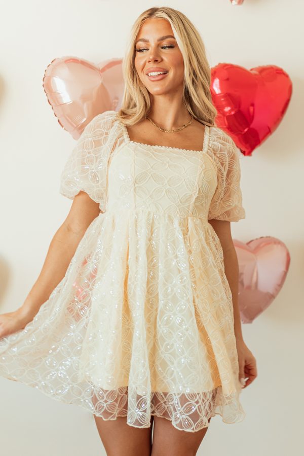 Apricot Sequined Lace Mesh Bubble Sleeve Square Neck Dress - Image 4
