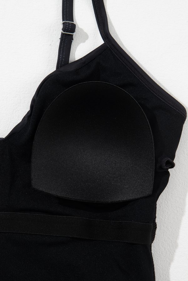 Black Petal Print Crisscross Back Spaghetti Straps Swimsuit - Image 8