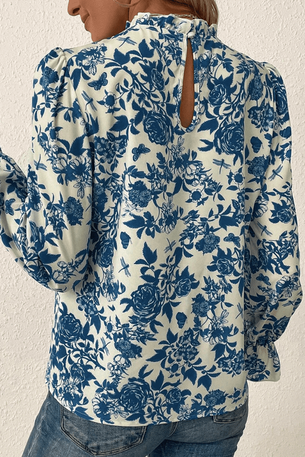 Sky Blue Floral Print Flounce Sleeve Keyhole Back Blouse - Image 2
