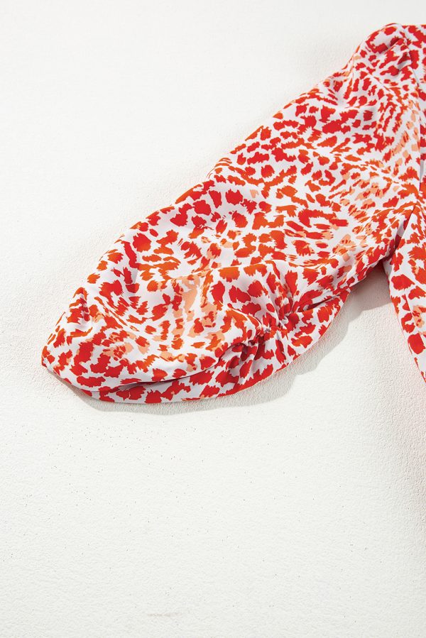 Tomato Red Leopard Print Long Sleeve Hollowed Back Split Mini Dress - Image 7