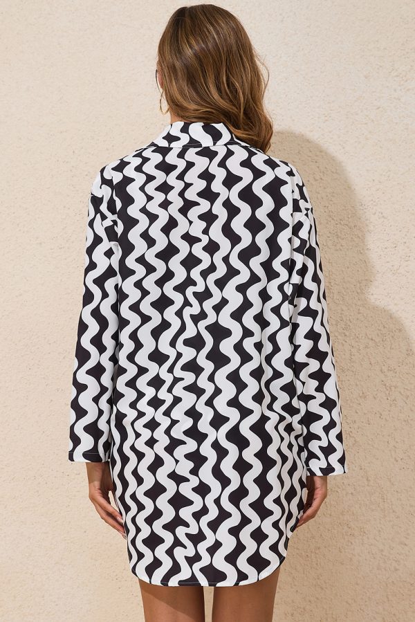 Black Stripe Print Loose Fit Open Front Beach Cover Up - Image 6