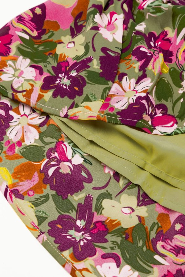 Green Floral Print Ruched Flutter Sleeve Frilled Neck Mini Dress - Image 8