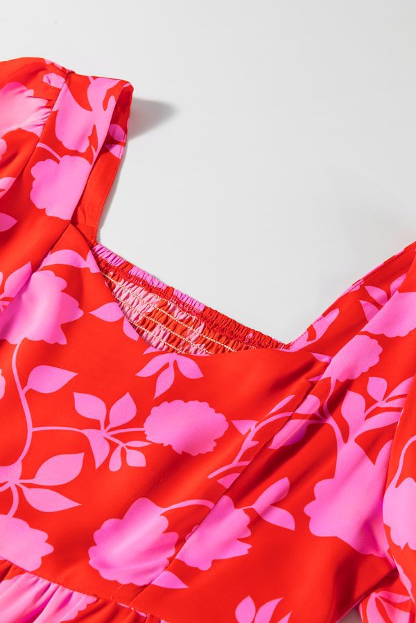 Red Floral Bubble Sleeve Sweetheart Neck Ruffled Mini Dress - Image 8