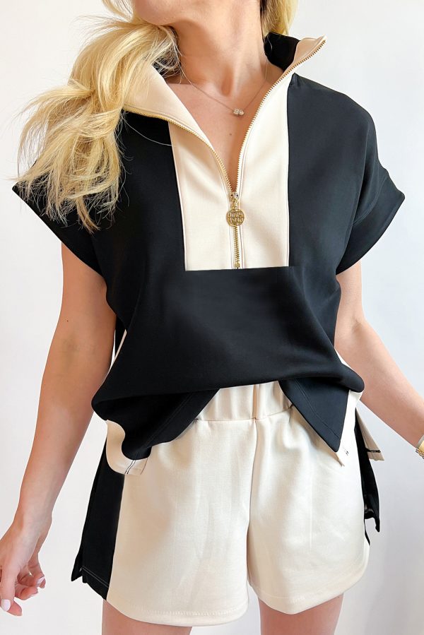 Black Contrast Zipped Stand Collared T Shirt and Short Set