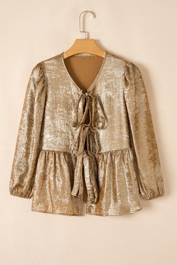 Gold Bow Tie Front Puff 3/4 Sleeve Ruffle Hem Blouse - Image 4