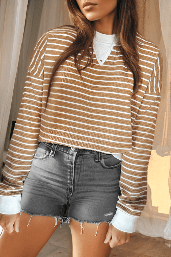 Khaki Stripe Patched Edge Textured Round Neck Long Sleeve Top - Image 4
