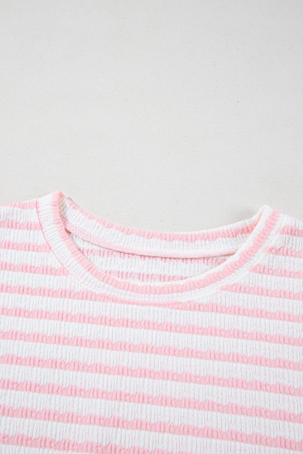 Pink Stripe Knitted Short Sleeve Top and Drawstring Shorts Set - Image 7