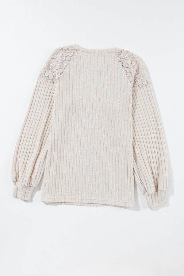 Parchment Contrast Lace Raglan Sleeve Buttoned Ribbed Top - Image 10