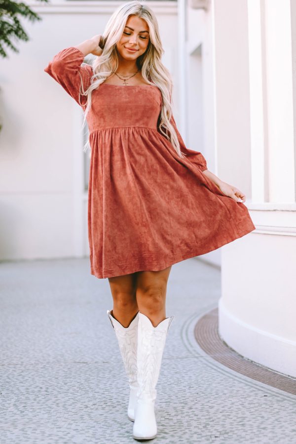 Black Suede Square Neck Puff Sleeve Dress - Image 13
