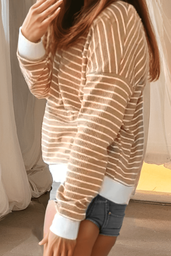 Khaki Stripe Patched Edge Textured Round Neck Long Sleeve Top - Image 5