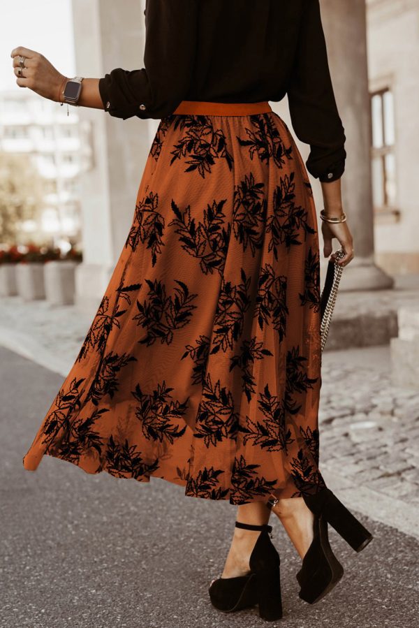 Peach Blossom Floral Leaves Embroidered High Waist Maxi Skirt - Image 14