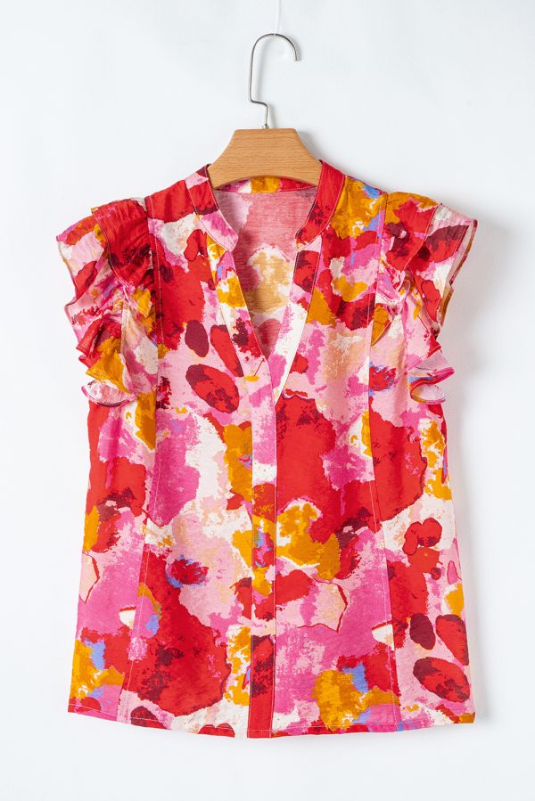 Red Abstract Print Split V Neck Ruffle Short Sleeve Blouse - Image 3