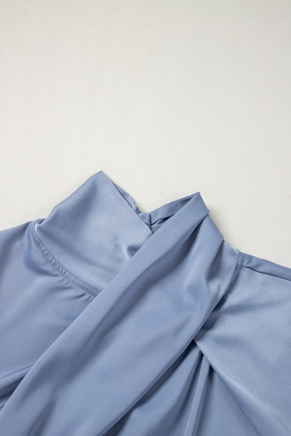Ivy Asymmetric Pleated Turtleneck Bell Sleeve Blouse - Image 9
