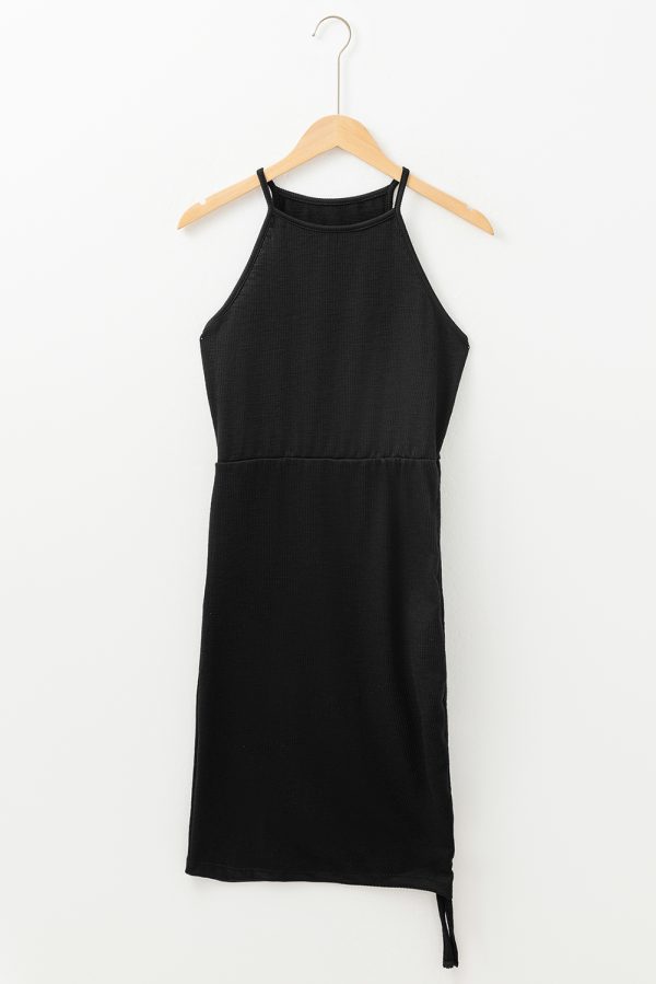 Black Racerback Ribbed Knit Drawstring Bodycon Dress - Image 5