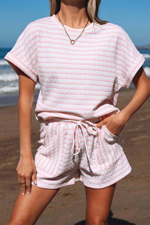 Pink Stripe Knitted Short Sleeve Top and Drawstring Shorts Set - Image 5