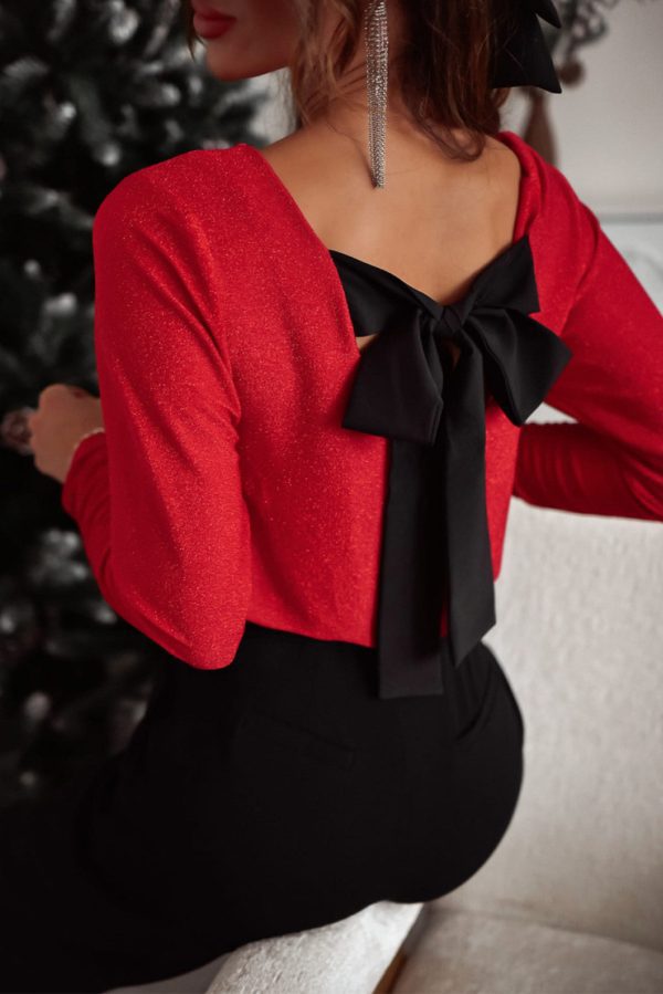 Black Metallic Bowknot Open Back V Neck Top - Image 10