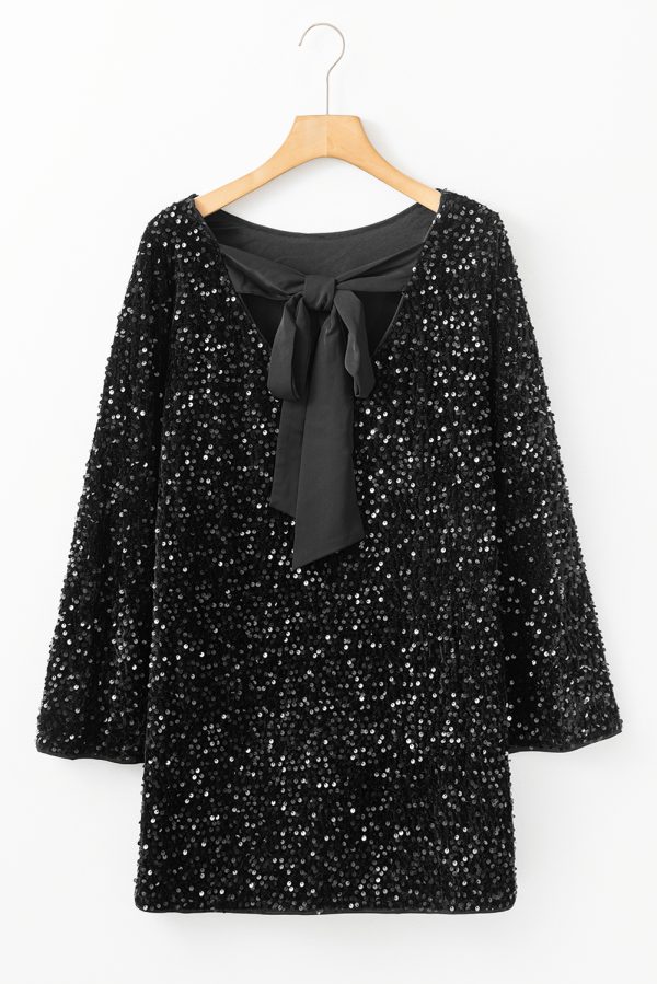 Black Sequin Long Sleeve Knot Cutout Back Mini Dress - Image 6