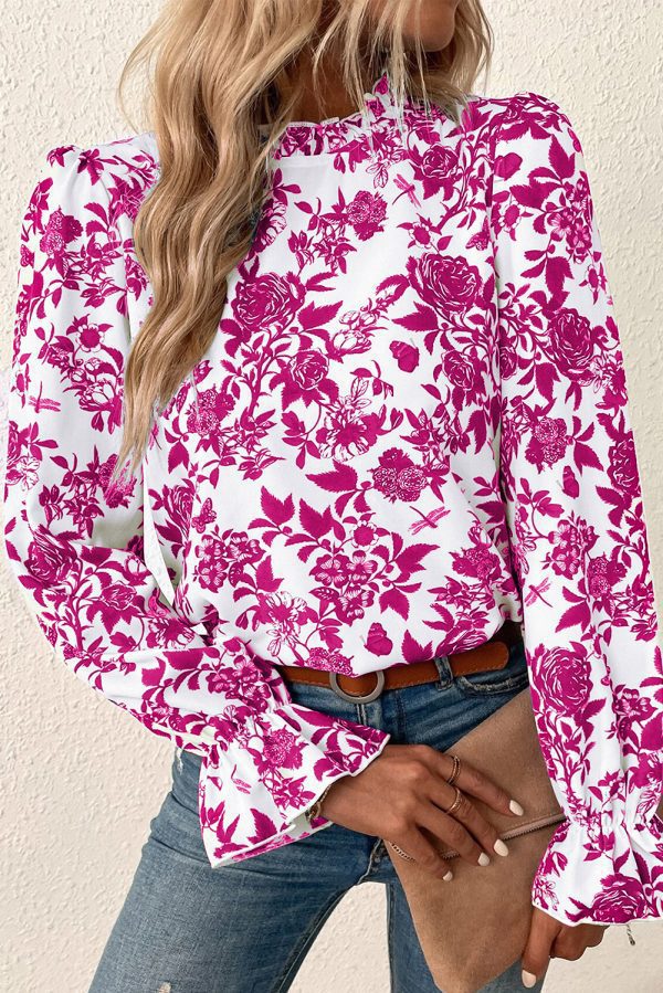 Sky Blue Floral Print Flounce Sleeve Keyhole Back Blouse - Image 9