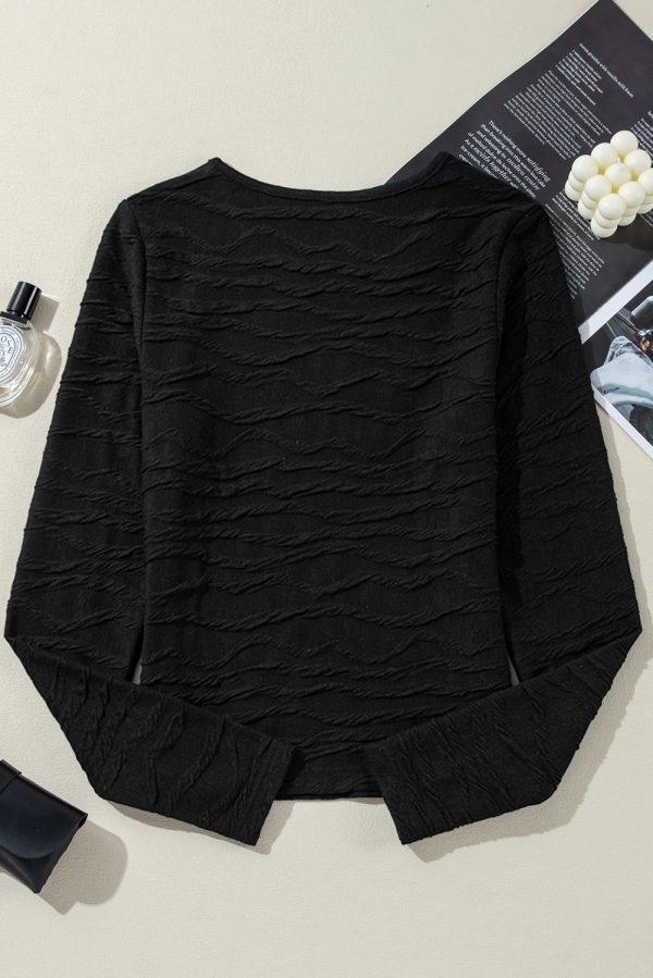 Black Solid Wavy Textured Slim Fit Long Sleeve T Shirt - Image 7