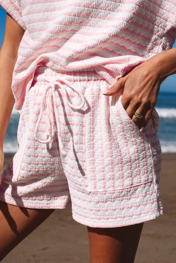 Pink Stripe Knitted Short Sleeve Top and Drawstring Shorts Set - Image 6