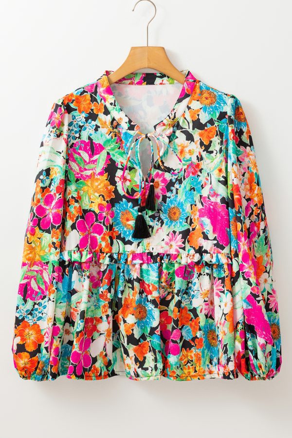 Multicolour Floral Print Bubble Sleeve V Neck Ruffled Blouse - Image 4