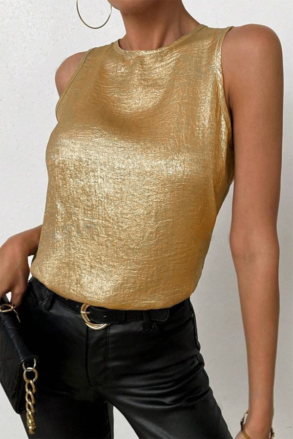Gold Metal Textured Round Neck Casual Tank Top - Image 2