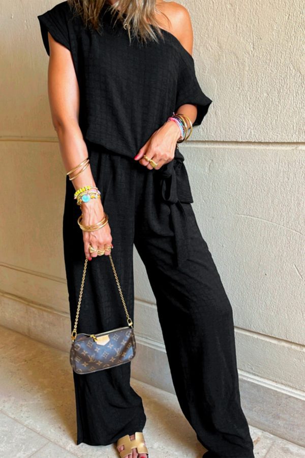 Black Checkered Mesh One Shoulder Short Sleeve Knotted Waist Jumpsuit - Image 3