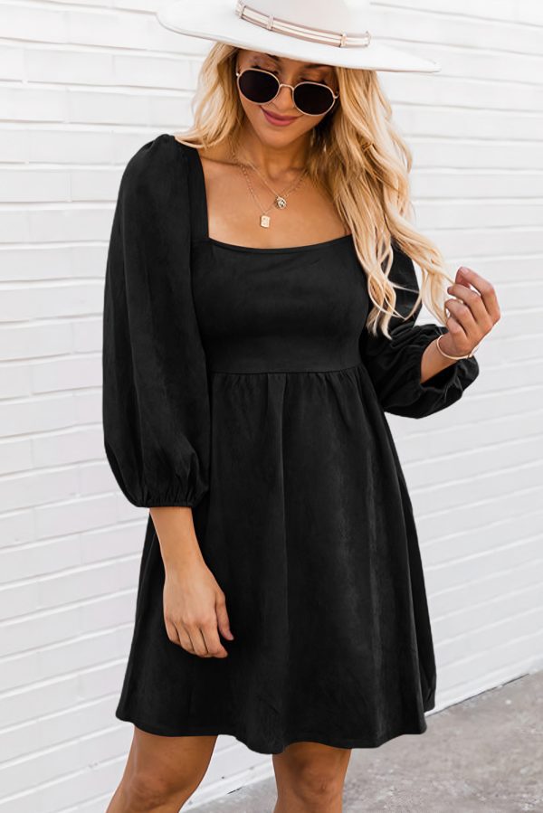 Black Suede Square Neck Puff Sleeve Dress - Image 4